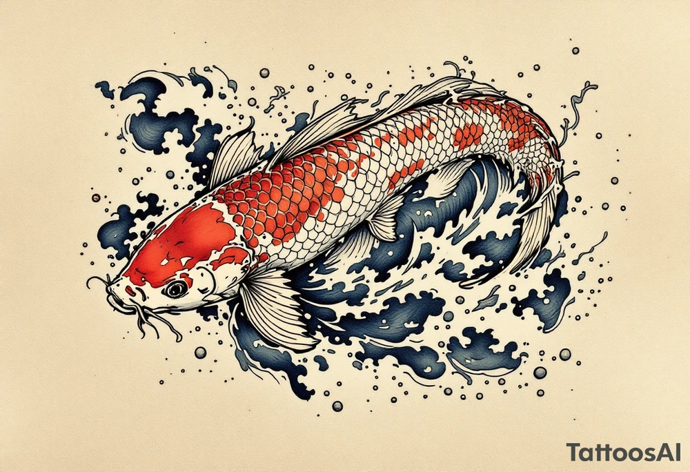 traditional koi fish swimming upstream through turbulent waves tattoo idea