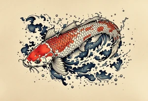 traditional koi fish swimming upstream through turbulent waves tattoo idea