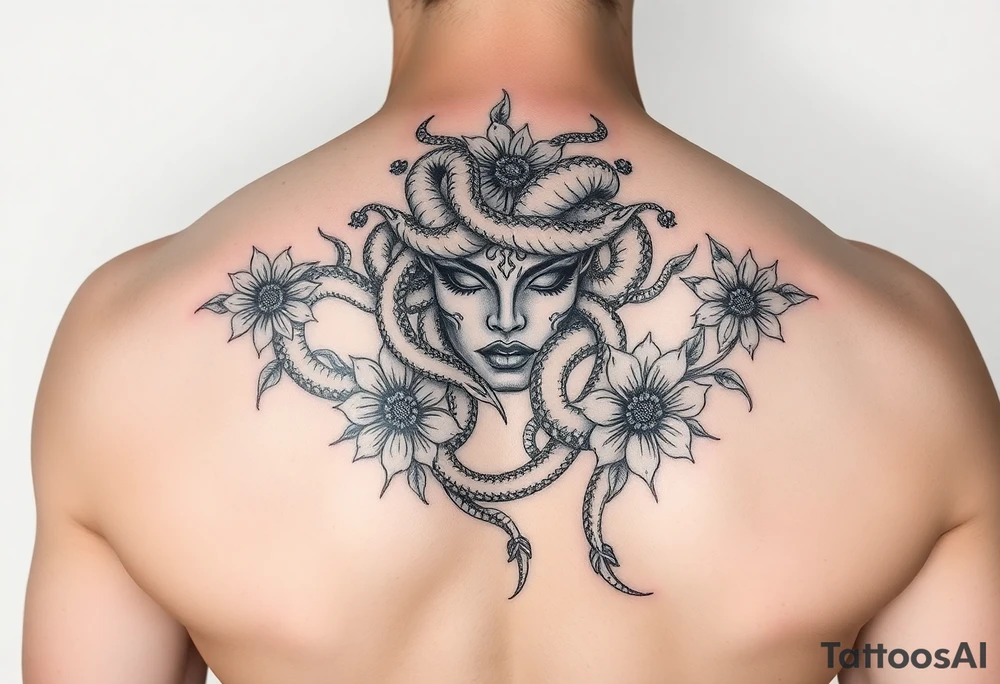 Medusa with snakes and flowers tattoo idea