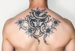 Medusa with snakes and flowers tattoo idea