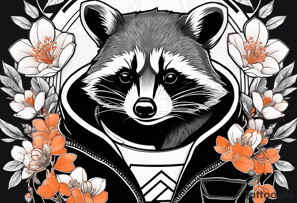 Raccoon wearing a white Superman logo on a black hoodie and orange Japanese cherry blossoms beside tattoo idea