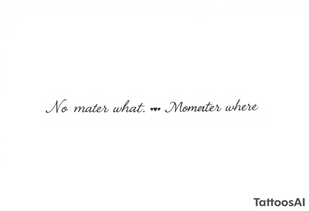 A delicate cursive tattoo with the quote ‘No matter what’ (for one person) and ‘No matter where’ (for the other), placed along the collarbone. At the end of each quote, incorporate a soft, feminine flower design — such as a small lotus, daisy, or wildflower — that flows naturally from the end of the text, as if the flower is part of the lettering or subtly blooming from the last word.

Design should feel light, elegant, and symbolic of connection and unconditional love between mother and daughter. Style should be fine line or single-needle, black ink only, minimalistic and graceful. tattoo idea