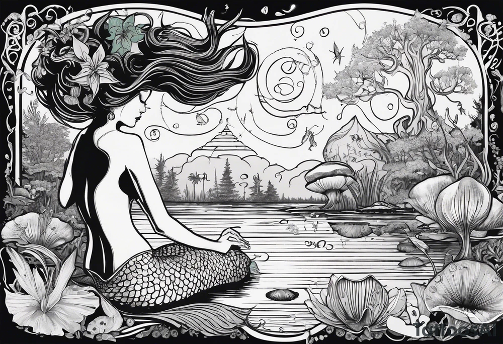 A Mermaid silhouette surrounded by musical notes in a bayou that has cypress trees, mushrooms, lily pads, frogs, and bugs tattoo idea