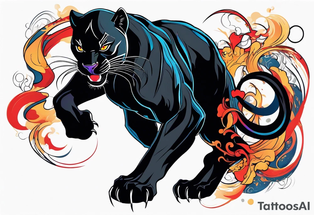unique black panther tattoo, dynamic pose, showcasing its strength and grace, striking red eyes, intense and captivating elements, artistic flair, blending realism with abstract elements tattoo idea