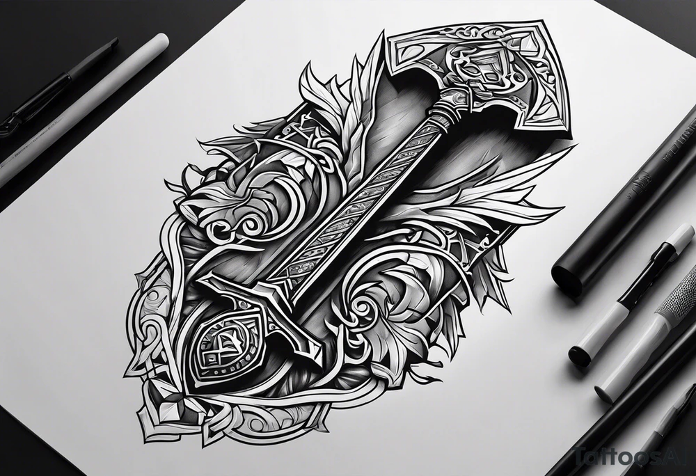 Valhalla sword shield axe stairs tattoo idea