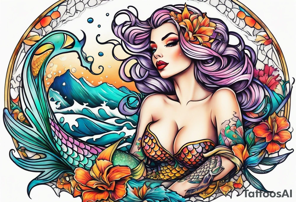 Mermaid pin up style tattoo idea