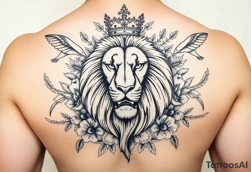 powerful majestic lion with a crown, surrounded by floral ornaments and birds tattoo idea