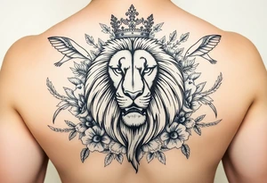 powerful majestic lion with a crown, surrounded by floral ornaments and birds tattoo idea