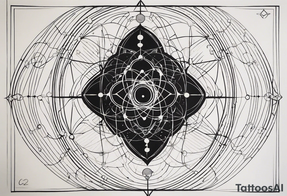 A fine-line tattoo in black ink with geometric and abstract details. The central design features a stylized atom model with the dopamine molecular formula (C8H11NO2) in the center. The electrons orbit around the nucleus, symbolizing movement and energy. The orbits are drawn with soft, slightly imperfect lines, interwoven with geometric elements such as circles, hexagons, and thin arrows. In the background, include small technical symbols inspired by physics and chemistry, such as dots, crosses, dashed lines, and abstract details. At the base, add a subtle representation of hands or delicate gestures that convey scientific or introspective connection, similar to the style of the third tattoo. Ensure the design is balanced and harmonious, with a contemporary and artistic aesthetic. tattoo idea