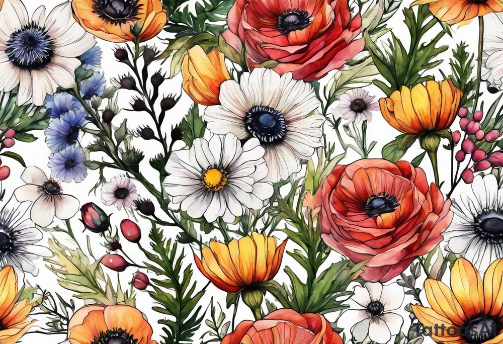 wildflowers with thistles, ferns, ranuculus, white anemones with black center, sun flowers, mixed color flowers all in watercolor tattoo idea