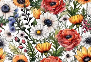 wildflowers with thistles, ferns, ranuculus, white anemones with black center, sun flowers, mixed color flowers all in watercolor tattoo idea