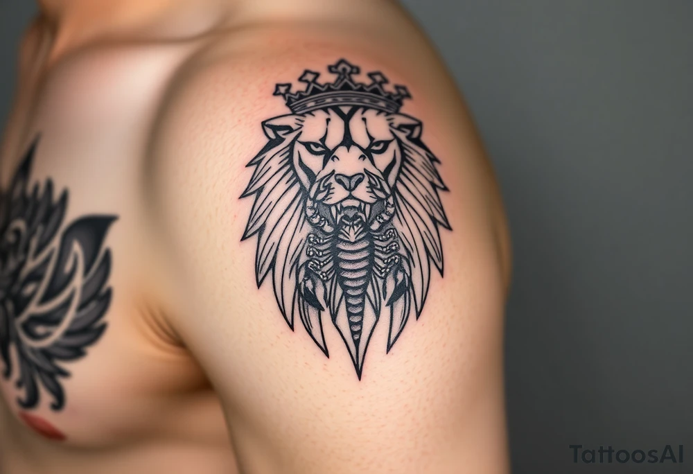 a powerful and majestic lion with a crown and in the middle of this crown , a realistic scorpion, tattoo idea