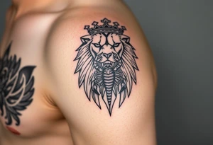 a powerful and majestic lion with a crown and in the middle of this crown , a realistic scorpion, tattoo idea