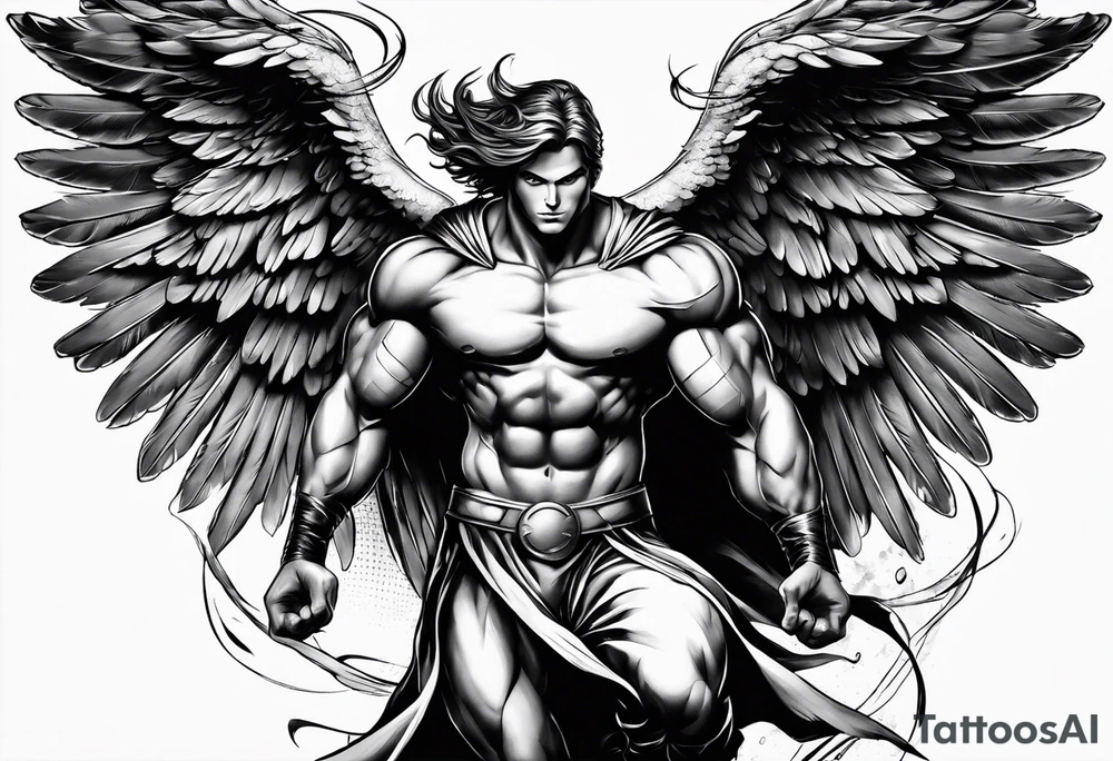 Angel in the pose of a superhero landing tattoo idea