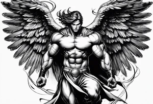 Angel in the pose of a superhero landing tattoo idea