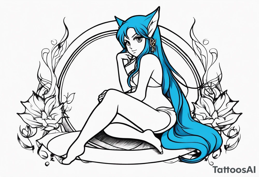 No background and no color sketch of a fairy with a tail inspired by the guild symbol in the anime show called Fairy Tail in a fetal position leaning in and forward while crawled in tattoo idea