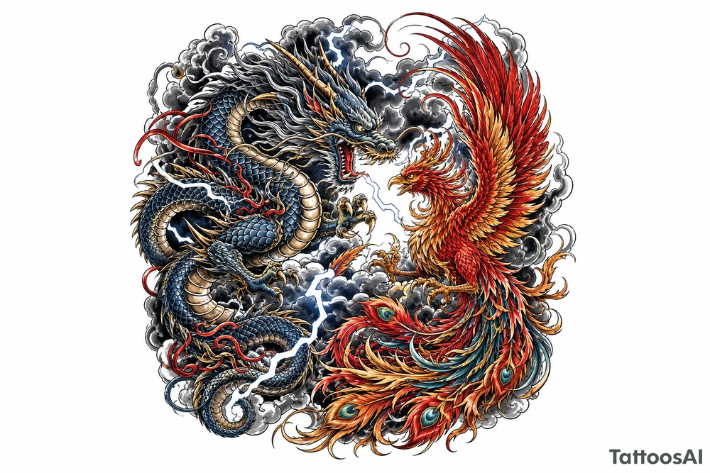 Japanese dragon and phoenix battling amidst dark storm clouds. tattoo idea