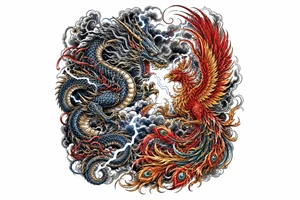 Japanese dragon and phoenix battling amidst dark storm clouds. tattoo idea