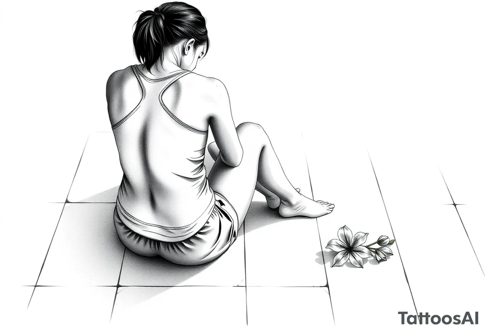 a tile floor with a realistic silhouette of the back of a thin woman sitting curled on the tile floor and the shadow of a young child sitting next to her with a lily next to them on the floor. The woman is wearing a Racerback tank top, running shorts, has dark hair pulled up high, and her head is down. tattoo idea