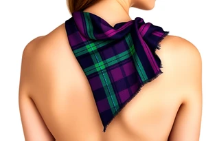Around Breasts

Dark Purple with green pink blue and white highlights tartan fabric with skin around edges peeling and wrapping around side of shoulder tattoo idea