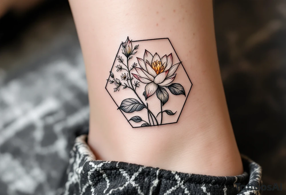 Leo symbol, larkspurs and water lily surrounded by a hexagon tattoo idea