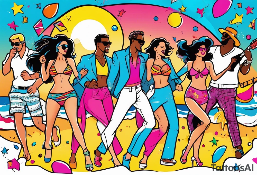 1980's miami vice style beach dance 
party, include confetti, music notes, boom box, bikinis sunset in the center tattoo idea