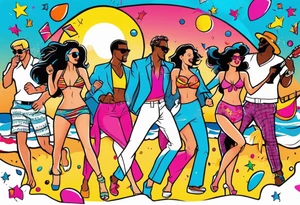 1980's miami vice style beach dance 
party, include confetti, music notes, boom box, bikinis sunset in the center tattoo idea