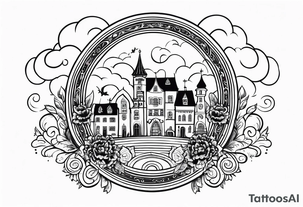 sacred medieval town houses open gate towers garden circle vignette surrounded by clouds floral tattoo idea