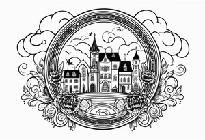 sacred medieval town houses open gate towers garden circle vignette surrounded by clouds floral tattoo idea