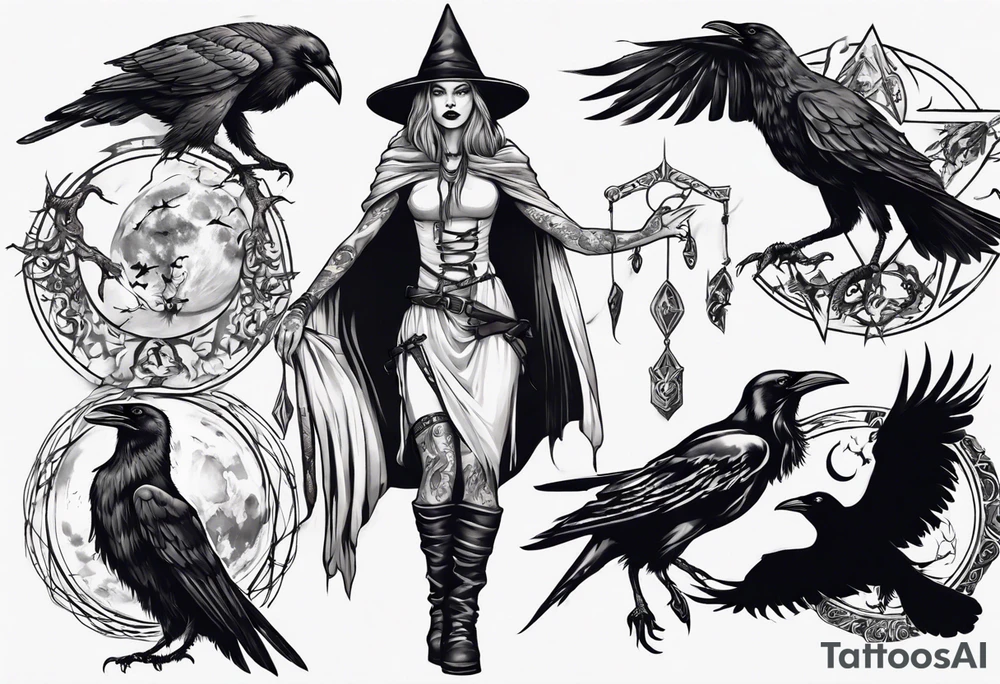 a norse witch with ravens in black and white tattoo idea