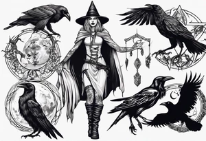 a norse witch with ravens in black and white tattoo idea