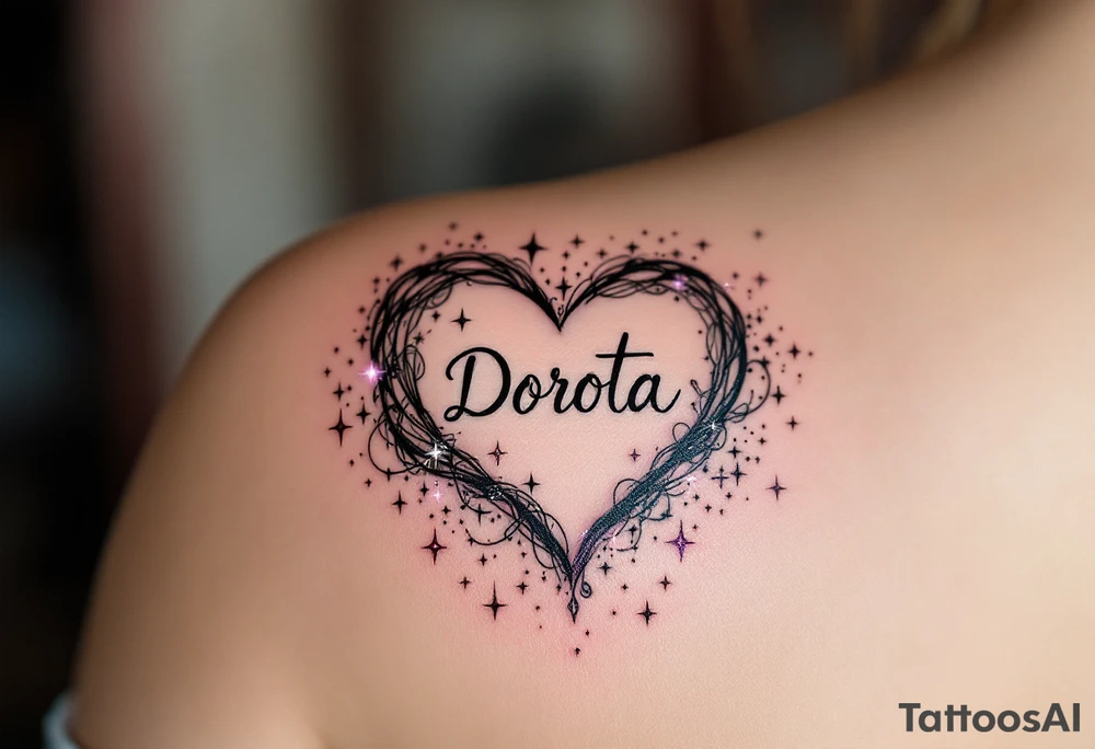 A heart surrounded by cosmic elements, with names "Dorota" written in an elegant white script, accented by soft purple and silver sparkles. tattoo idea