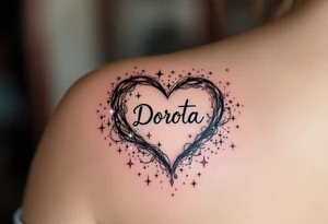 A heart surrounded by cosmic elements, with names "Dorota" written in an elegant white script, accented by soft purple and silver sparkles. tattoo idea