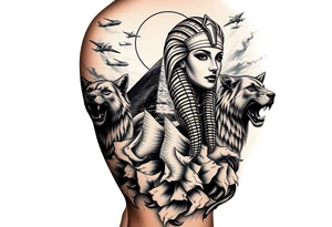 A Egyptians woman with surrounded by Wolves & Lions behind a Pyramids & mountain with the sun overhead & jets flying in the air & smoke surrounding everything tattoo idea