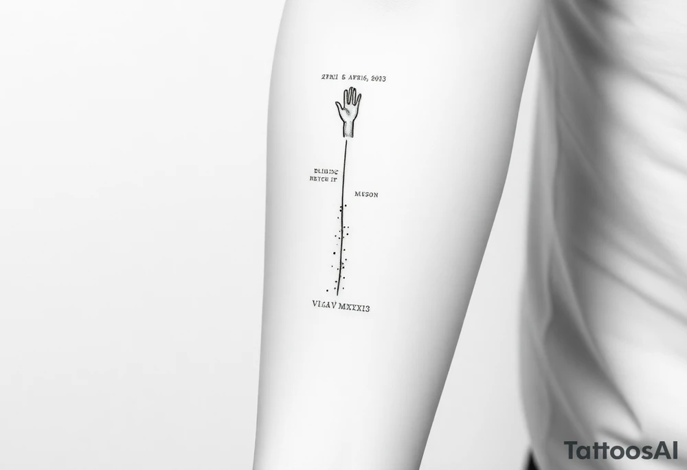 black-ink forearm tattoo honoring a father and the continuation of his legacy. Central design: a single, rising abstract line or path starting faint and fragmented at the bottom (symbolizing the father’s unfinished work) and growing solid and strong as it rises (representing the son carrying the legacy forward). Along the path, include fine particle-like lines or dots flowing upward, symbolizing the father’s presence and guidance cheering the son on. Subtly integrate an abstract outline of the father’s figure or hand at the top, ethereal and minimal, watching proudly over the path. Include the Roman numerals or small elegant text: “VI·IV·MMXXIII” to mark April 6, 2023, and optionally the phrase “Building what he couldn’t” integrated along the line. Style: clean, minimalistic, fine-line black ink only, simple but meaningful, vertical forearm layout, emphasizing legacy, guidance, and emotional depth. tattoo idea