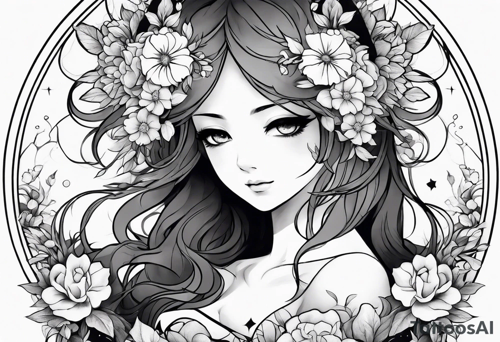 Anime ghost surrounded by flowers, forearm or wrist tattoo tattoo idea