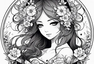 Anime ghost surrounded by flowers, forearm or wrist tattoo tattoo idea