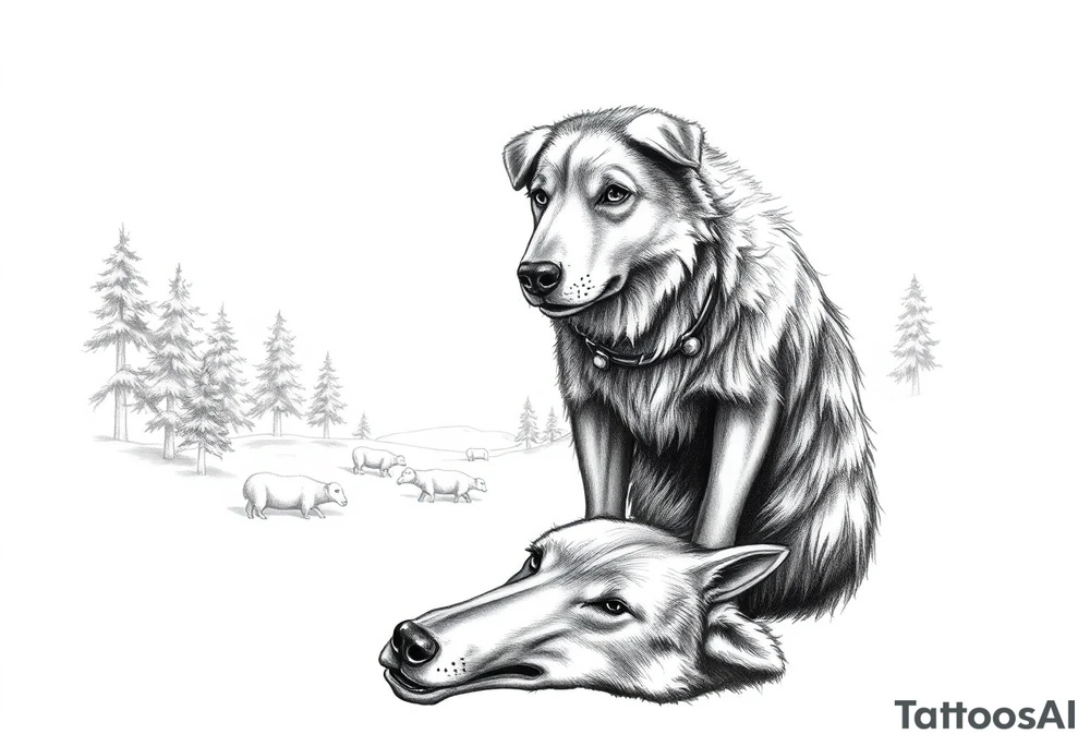 sheepdog with a bloddy mouth standing over a dying wolf with woods, sheep, and moonlight in the background tattoo idea