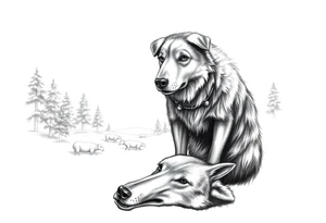 sheepdog with a bloddy mouth standing over a dying wolf with woods, sheep, and moonlight in the background tattoo idea