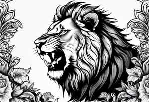 A beautiful lion roaring and showing it's teeth tattoo idea