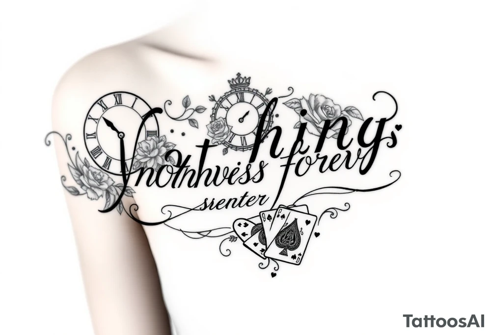 Roman clock with roses and a crown,  a quote that says nothings forever. and on the bottom a deck of cards tattoo idea