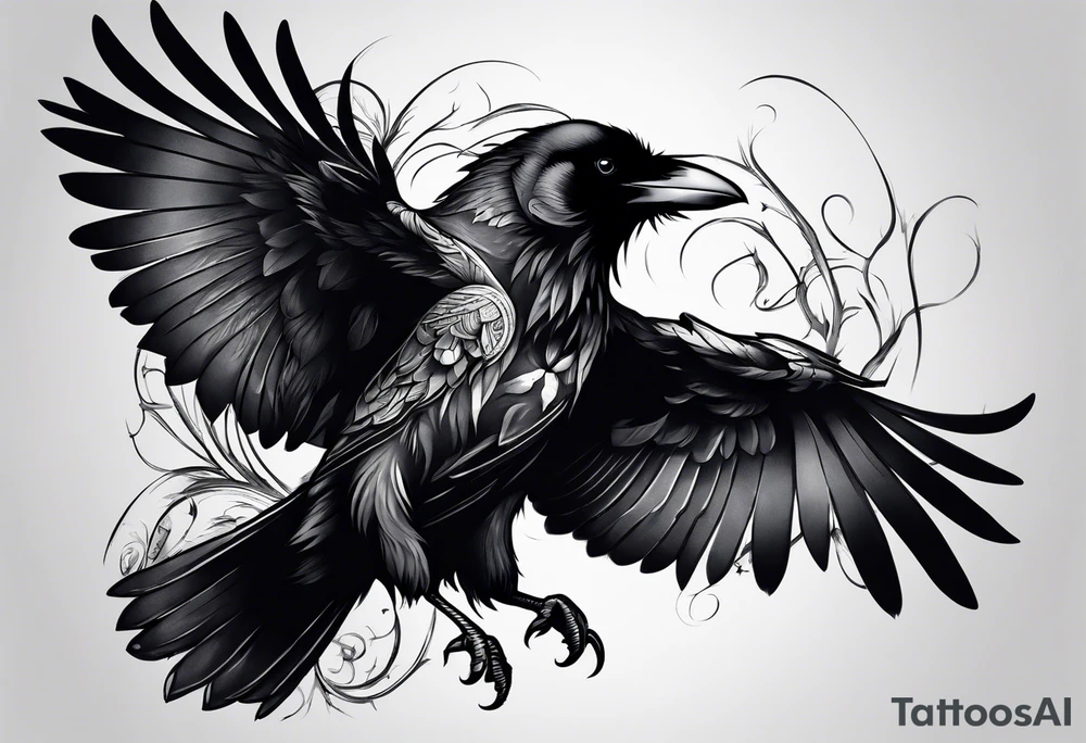 a raven on the back of a wolf tattoo idea