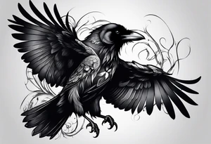 a raven on the back of a wolf tattoo idea