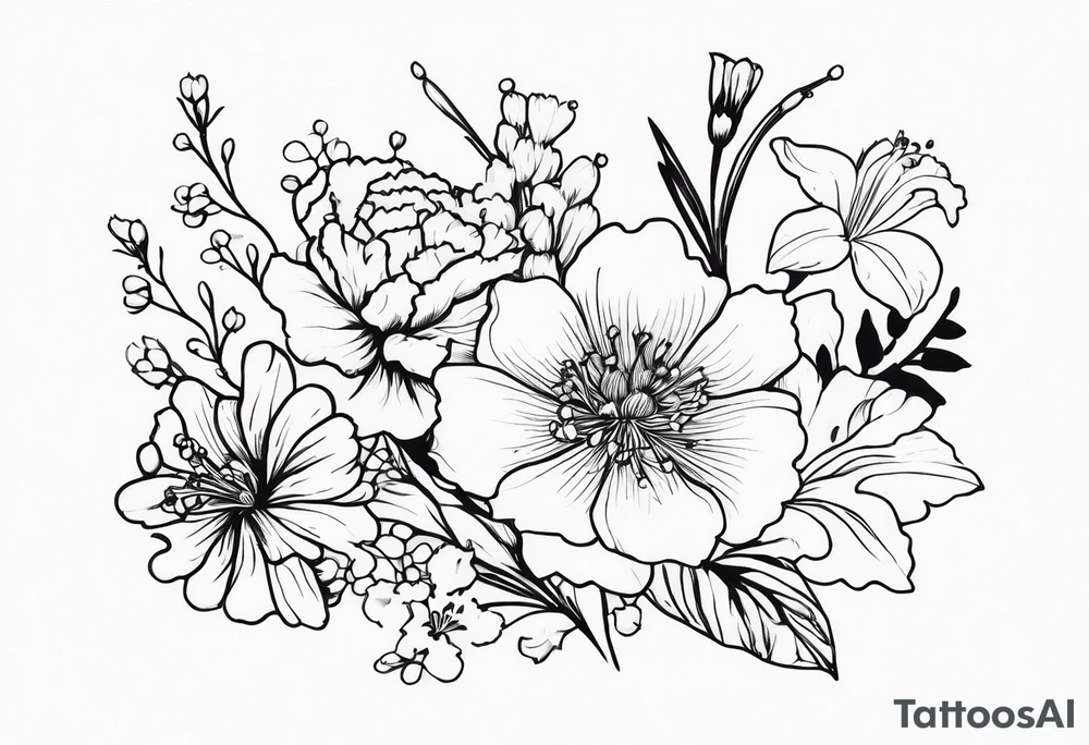 elbow to foearm twist of flowers . carnations, lily of the valley, larkspur, cosmos, holly, and chrysanthemum tattoo idea