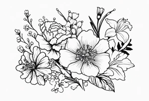 elbow to foearm twist of flowers . carnations, lily of the valley, larkspur, cosmos, holly, and chrysanthemum tattoo idea