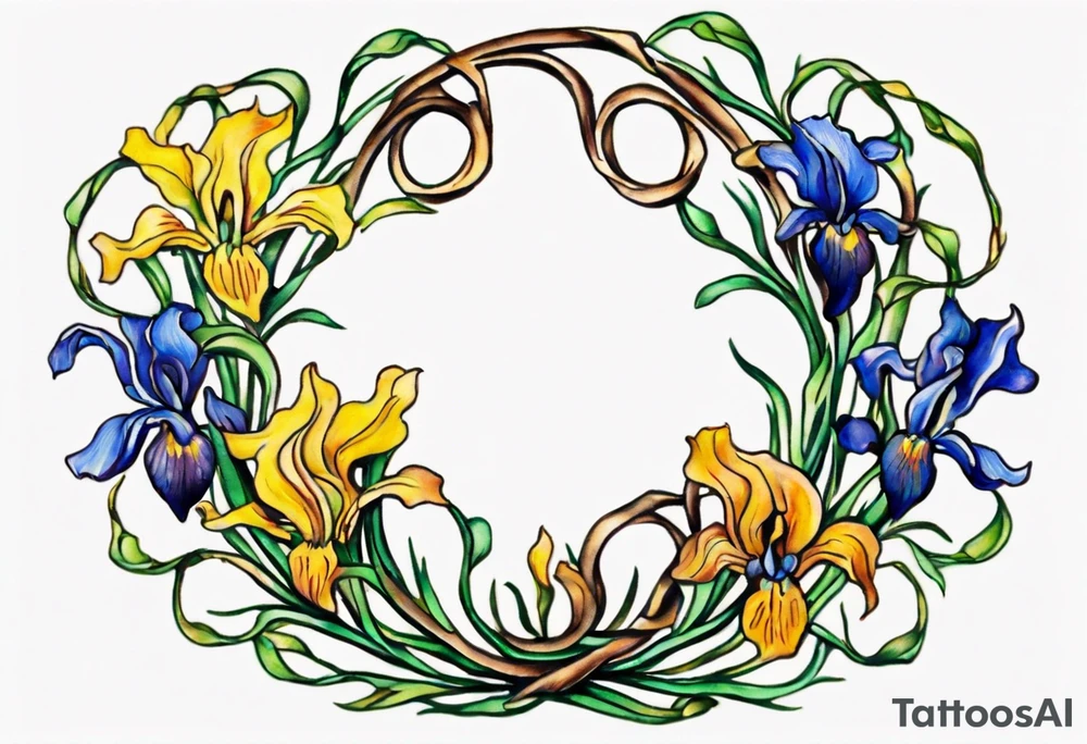Create a small colorful Vincent van Gogh Irises tattoo in the form of a crescent, with vines gracefully intertwining at a central point in the middle of the wreath. The intended placement is on the upper chest. The overall design should be small in size while maintaining a delicate and artistic aesthetic. Pay attention to the graceful flow of the vines and the placement of the irises to achieve a refined and elegant look. tattoo idea
