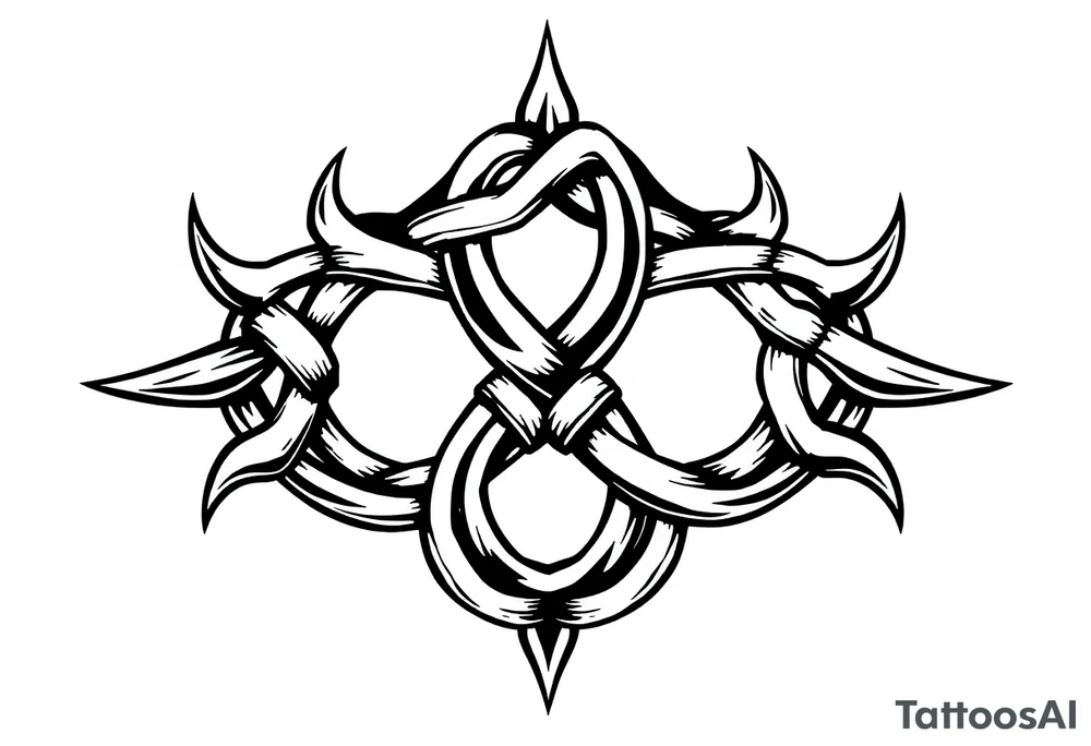 A Celtic knot armband with interwoven loops, featuring pointed ends that give it a dynamic, thorned or blade-like appearance that incorporates nature through roots Designed to wrap around the arm like a torc or tribal band tattoo idea