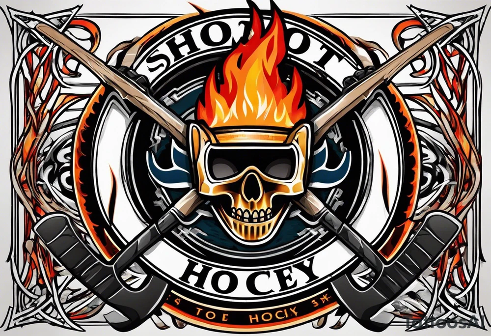 puck with crossed hockey sticks in the background and flames that says "SHOT HOCKEY" tattoo idea