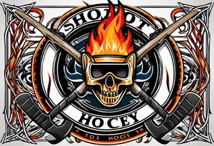 puck with crossed hockey sticks in the background and flames that says "SHOT HOCKEY" tattoo idea