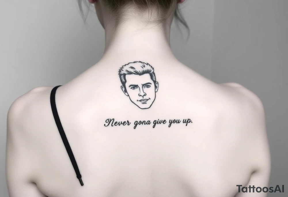 Young Rick Astley Face and Never Gonna Give You Up text tattoo idea